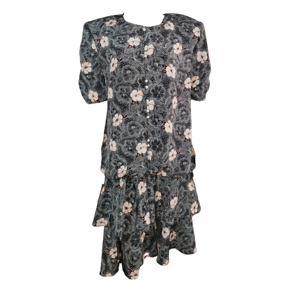 Perceptions Dress 16W Black Floral Hawaiian VTG Tiered 80s‎ Drop Waist Ruffle